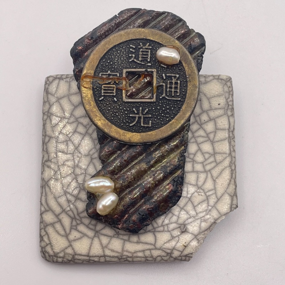 Vintage Artisan Mixed Media Ceramic Tile Brooch Chinese Cash Coin Faux Pearl